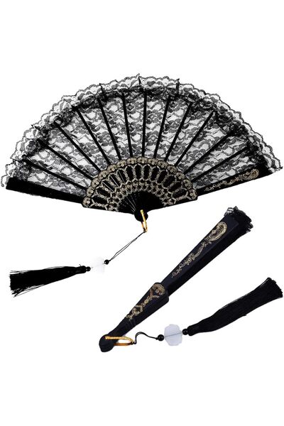 Generic مروحة يدوية قابلة للطي من الدانتيل، مصنوعة من الخيزران، مزينة بشرابة ...