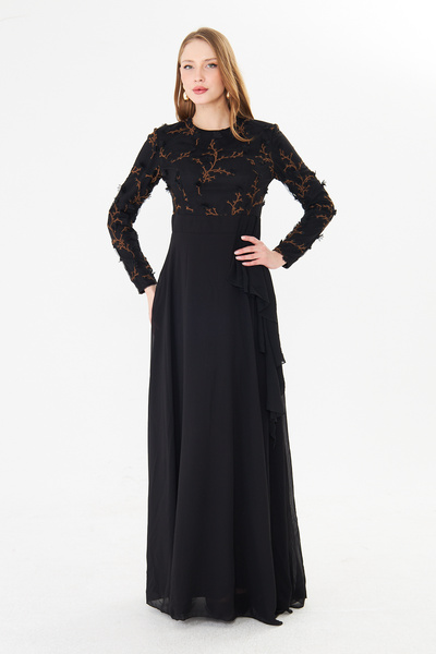 Rora Women's Embroidered Long Sleeve Maxi Chiffon Evening Dress