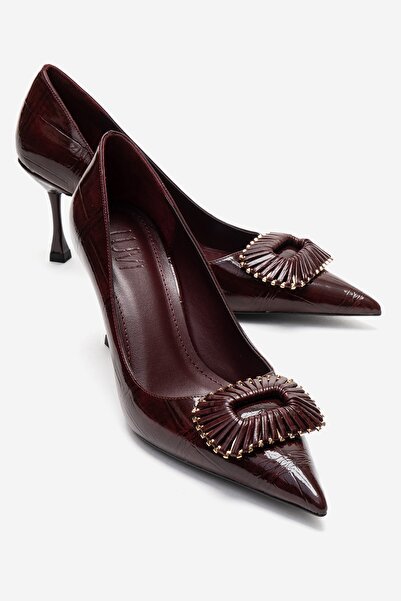 LuviShoes Rebel Burgundy Printed Buckle Women's Heeled Shoes