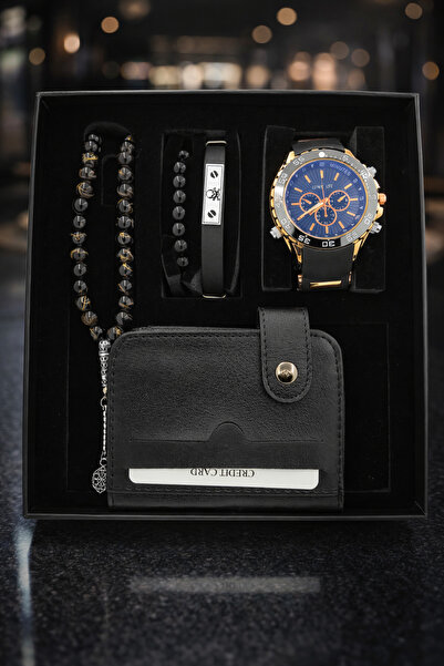 TEKMAKG Erkek Saat Seti Kartlık Cüzdan Tesbih 2’li Bileklik Kutulu Hediye