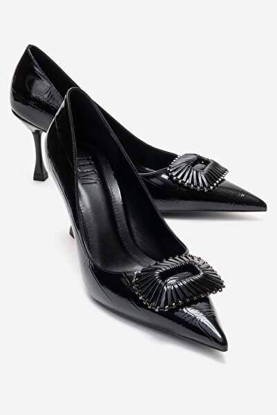 LuviShoes Rebel Black Printed Buckle Women's Heeled Shoes