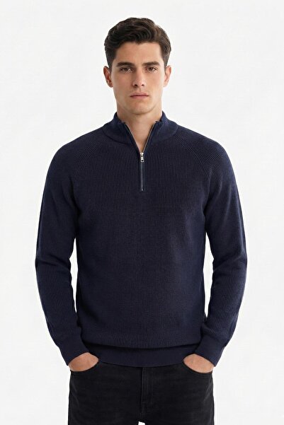 Sabri Özel Lacivert Slim Fit Dokulu Fermuarlı Yarım Balıkçı Yaka Erkek Triko ...