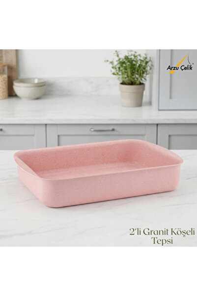 Arzu Çelik طقم صينية زاوية من الجرانيت مكون من قطعتين - وردي