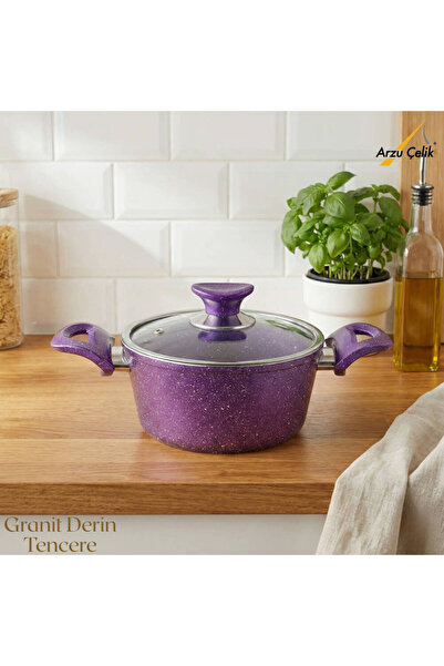 Arzu Çelik 18 cm Granite Deep Pot Glass Lid - Violet