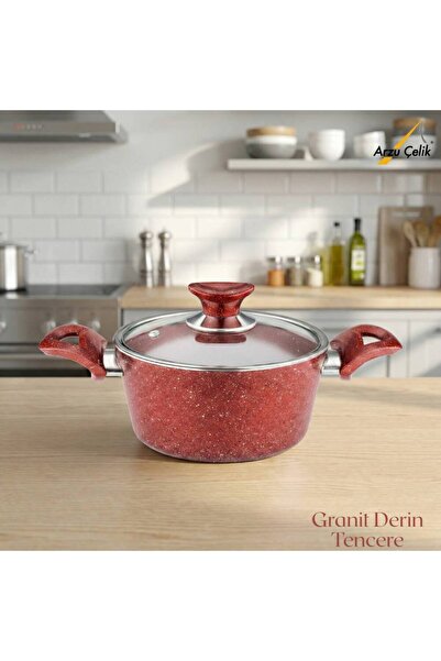 Arzu Çelik 20 cm Granite Deep Pot Glass Lid - Red