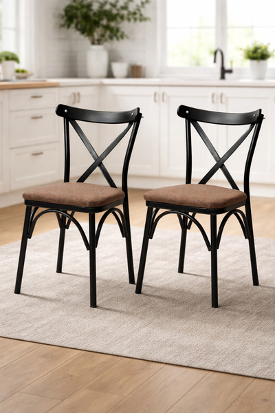 Atolye Casa Ekol Serisi 2 Adet Kahve Keten Kumaş Mutfak Sandalyesi Siyah Meta...