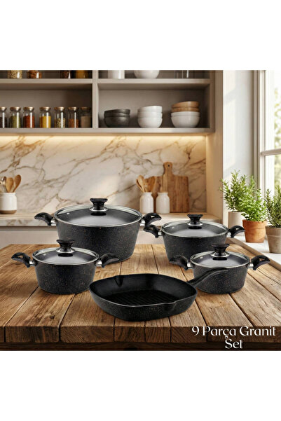 Arzu Çelik طقم غطاء زجاجي من الجرانيت مكون من 9 قطع - أسود