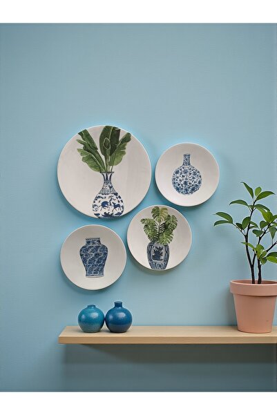 unique florya 4'lü Set Duvar Tabağı Küçük Boy Blue Blanc Bitki Temalı Dekorat...