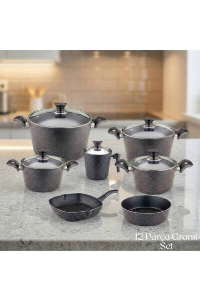 Arzu Çelik 12 Piece Granite Set Glass Lid - Black