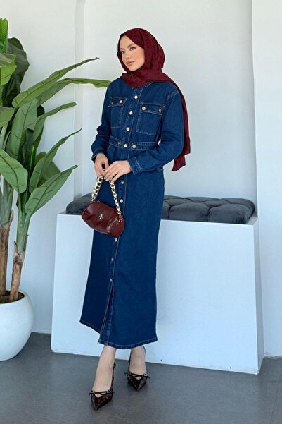 Hazamoda Φόρεμα τζιν με κουμπωτά κούμπωμα σε μπλε ναυτικό χρώμα