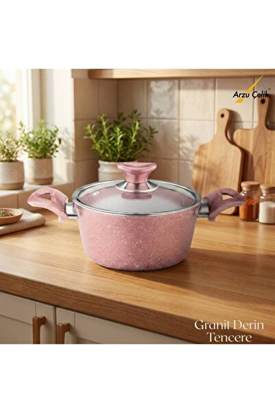 Arzu Çelik 20 cm Granite Deep Pot Glass Lid - Pink