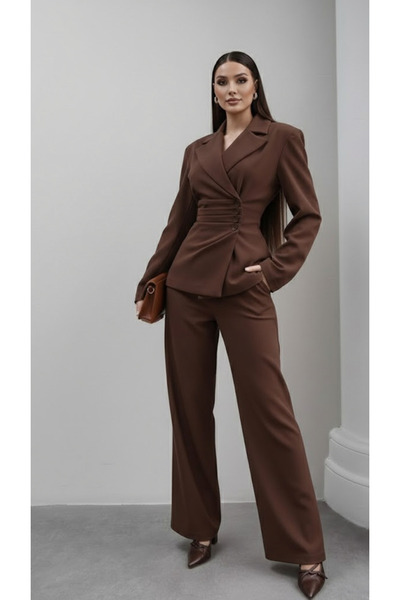 My Blog Brown 4-Side Buttoned Jacket and Trousers Set - 202602