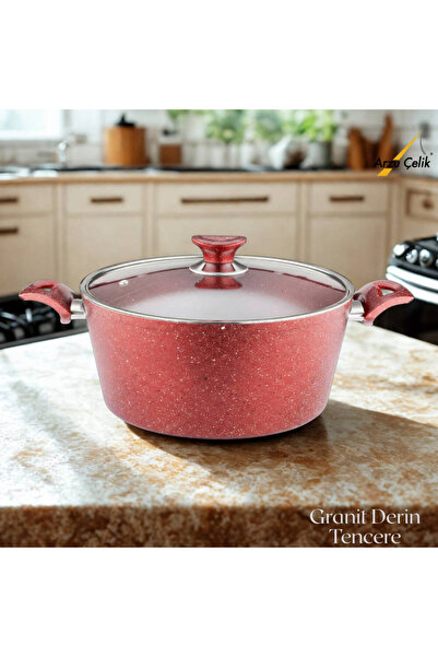 Arzu Çelik 28 cm Granite Deep Pot Glass Lid - Red