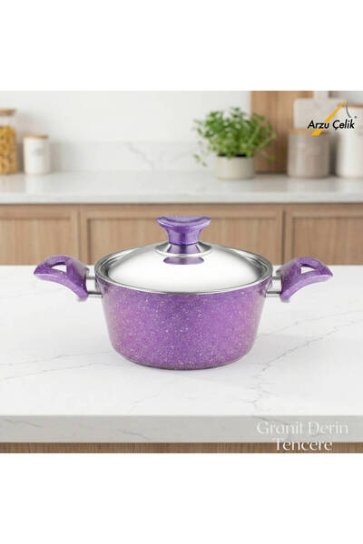 Arzu Çelik 18 cm Granite Deep Pot Steel Lid - Violet