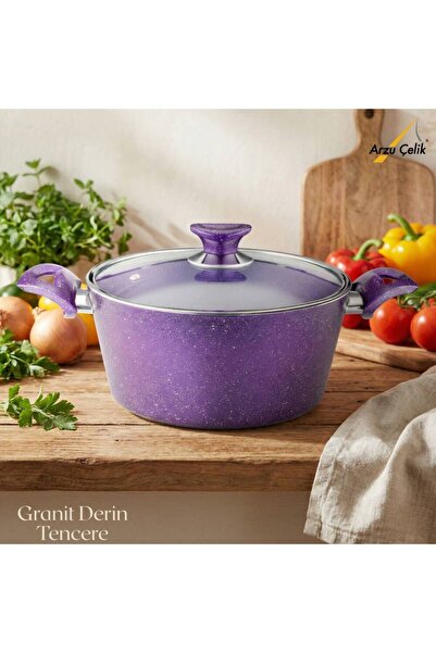 Arzu Çelik 24 cm Granite Deep Pot Glass Lid - Violet