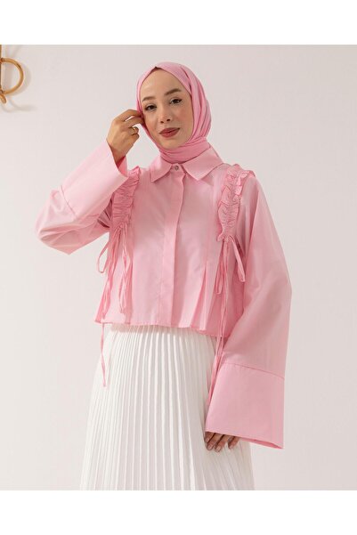 silanbutikco Omuz büzgülü fırfır gömlek pembe