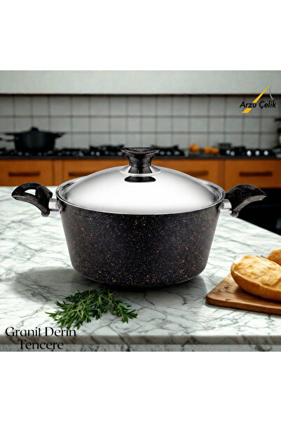 Arzu Çelik 24 cm Granite Deep Pot Steel Lid - Black