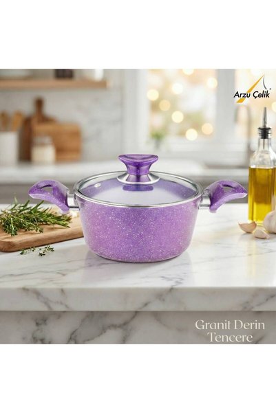 Arzu Çelik Purple Elegans Granite Pot - 20 Cm, Glass Lid