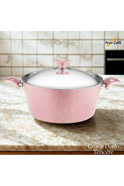 Arzu Çelik 24 cm Granite Deep Pot Steel Lid - Pink