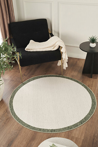 Konfor Halı Sisalux 3090 Krem Yeşil Yuvarlak Sisal Dokuma Jüt Kilim Hav Toz V...