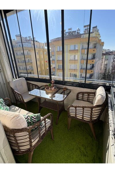 Tu Tienda KARTEPE GALVANİZ BORU 2 1 1 SEHPA(60*90) RATTAN BAHÇE BALKON TAKIMI,KAHVE RATTAN/KREM KUMAŞ