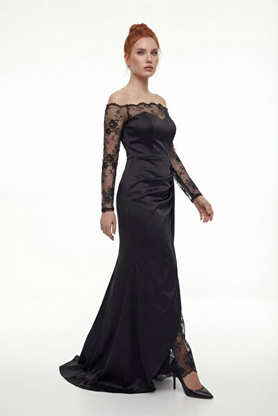 Lafaba Women's Black Boat Neck Lace Detail Long Evening Dress with Train