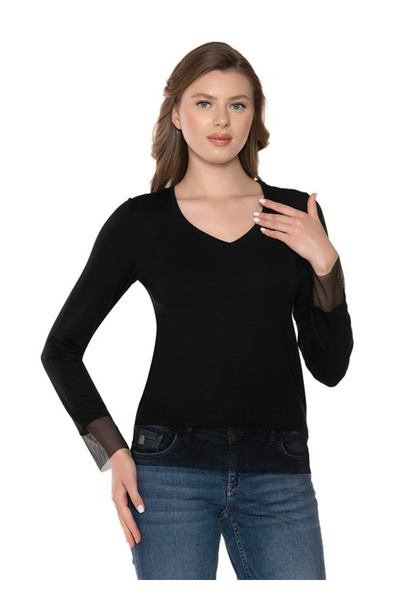 Belinay 8502 Long Sleeve V-Neck Bodysuit with Tulle Detail on the Sleeves