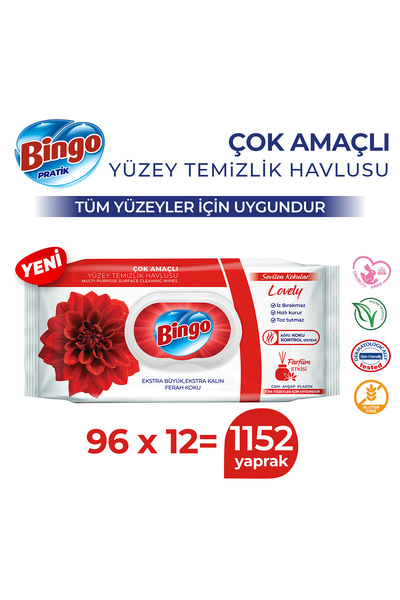 Bingo Yüzey Temizleme Havlusu Sevilen Kokular Lovely 96 Adetx12 (1152 Yaprak)