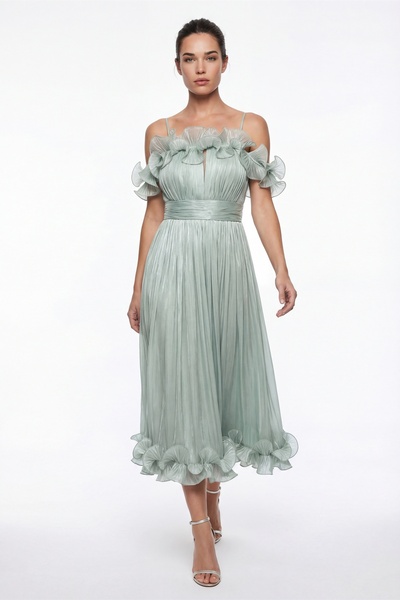 Lafaba Women's Mint Green Slim Fit Collar Detail Midi Evening Dress