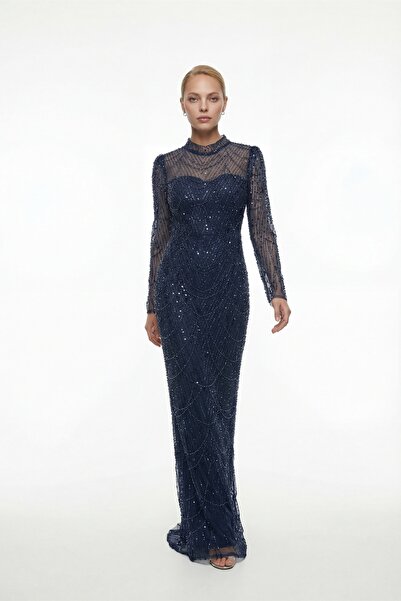 Lafaba Women's Navy Blue Long Sleeve High Collar Stone Detailed Special Desig...