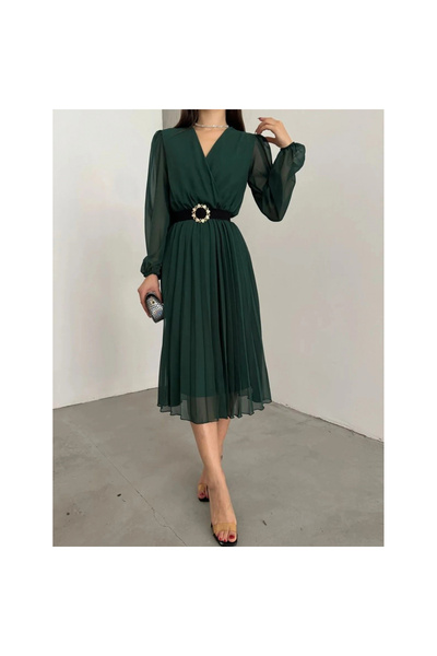 ZORM Women's chiffon fabric lined flared cut double breasted collar midi leng...