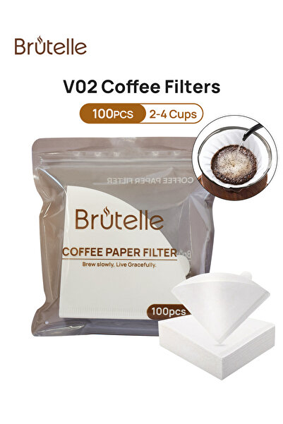 Brutelle 100 Piece Coffee Paper Filter V60 Size 02 White V-shaped paper coffe...