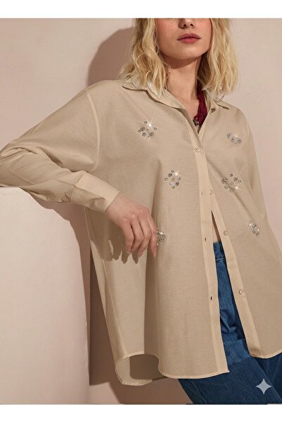 Amorti Women's Baby Blue Stone Embroidered Oversize Cotton Shirt - Premium Se...