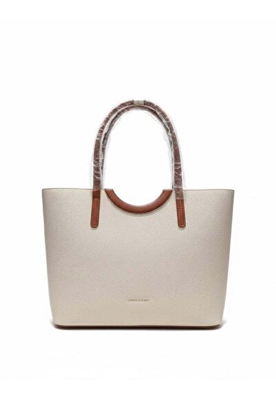 Fumes Beige Women’s Structured Tote Handbag – Solid Textured Finish with Cont...