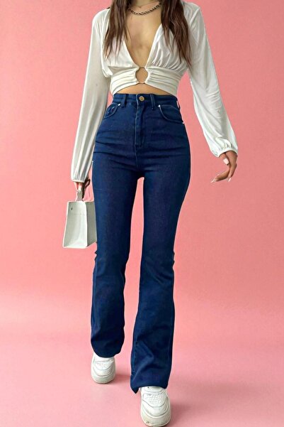 LİVKA Edna Dark Blue Spanish Flare High Waist Lycra Women's Denim Trousers