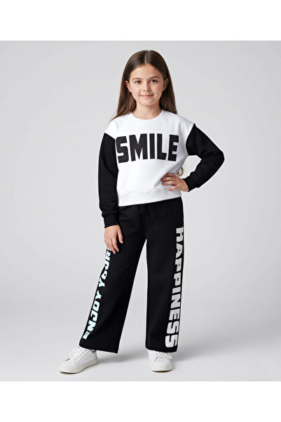 Ollington St. Cotton Full Sleeves Printed Sweatshirt & Pant Set - Black & White