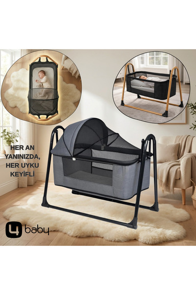 4 Baby İcon Keten Fileli Silinebilir Portatif Sallanır Anne Yanı Beşik