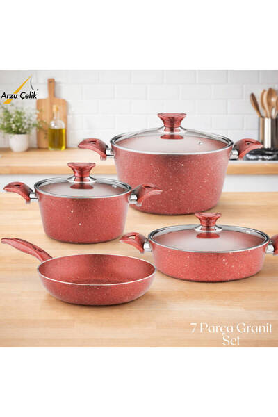 Arzu Çelik 7 Piece Granite Set Glass Lid - Red