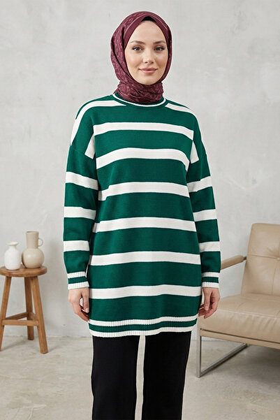 Kirazgym Women's Striped Pattern Knitwear Sweater Tunic -Dark Green