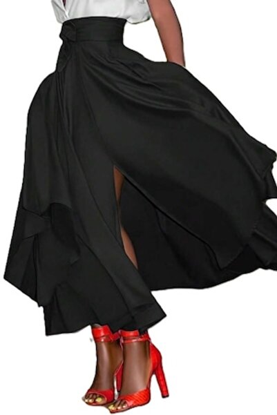 StreetWear Outlet Women's Skirt, Split Hem, A-Line, High Waist, Black, L