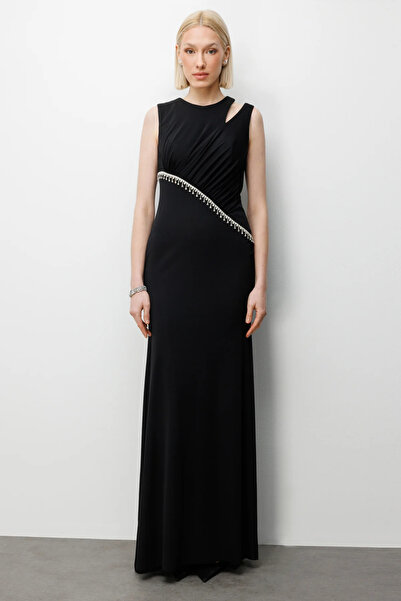 Ekol Taş İşlemeli Omzu Açık Maxi Elbise 6052