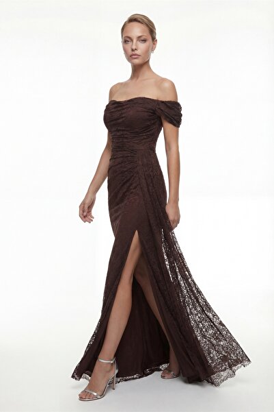 Lafaba Women's Brown Slim Fit Boat Neck Lace Long Evening Dress