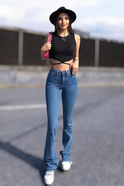 LİVKA Γυναικείο τζιν Celss με ψηλή μέση και μεσαίο μπλε τζιν σε γραμμή flare