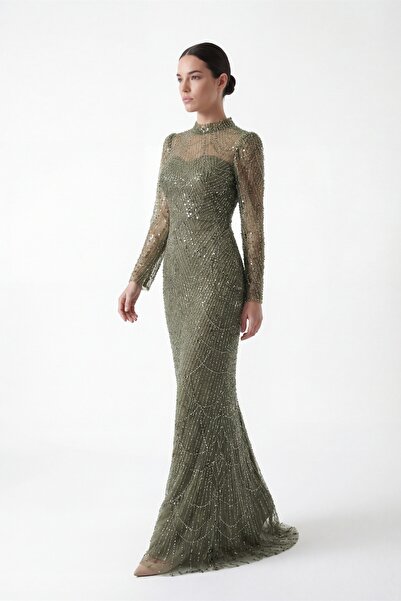 Lafaba Women's Khaki Long Sleeve High Collar Stone Detailed Special Design Ev...