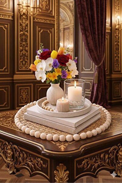 Gogoey طاولة قهوة وديكور منزلي من الخوص المزخرف بالخرز من سوبا، قطعة واحدة