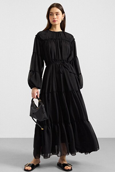Olcay Gathered Detailed Chiffon Dress Black 9416-E