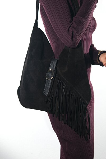 LuviShoes NOCHE Μαύρο Σουέτ Γνήσιο Δέρμα Με φούντες Γυναικείο Τσάντα ώμου