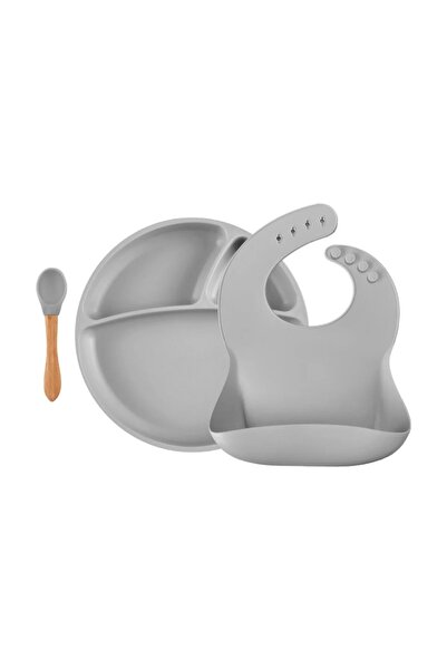 OiOi Silicone Feeding Set with Bamboo Spoon - Powder Gray (Baby Bib, Plate, B...