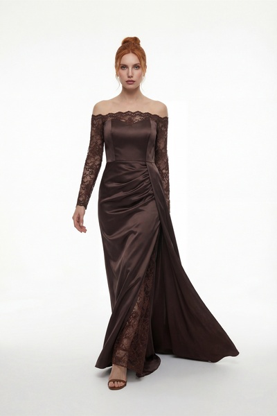 Lafaba Women's Brown Boat Neck Lace Detail Long Evening Dress with Train