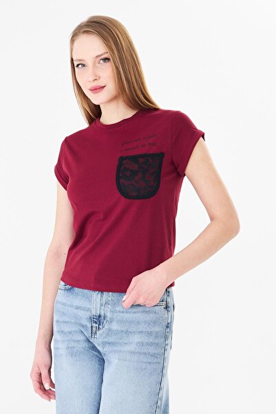 Sortie Women's Lace Pocketed Text Printed Basic Tshirt Claret Red